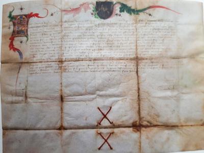 This document dated 8 December 1412 confirms that the Duke of Milan Filippo Maria Visconti granted the separation of the municipalities of Morcote and Vico Morcote from the community of Lugano e Valle and the city of Como and provided that the municipality pay an annual tax of one hundred gold florins to the Ducal Chamber. The tax was later doubled by the Sanseverino family in 1450. The sum in question suggests considerable economic and demographic capacity.